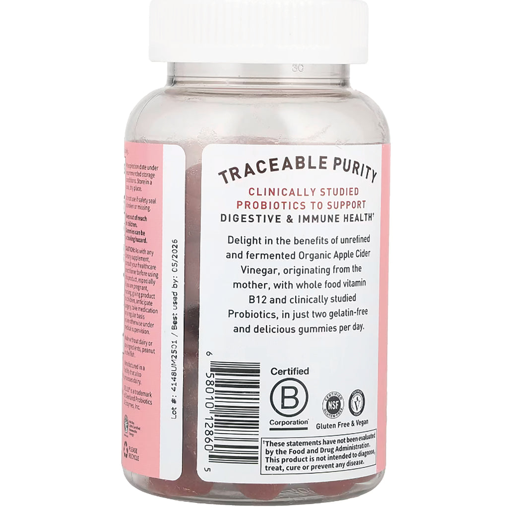 Back label of clear gummy bottle reading TRACEABLE PURITY and DIGESTIVE & IMMUNE HEALTH with product description, barcode and certification icons - Thumbnail