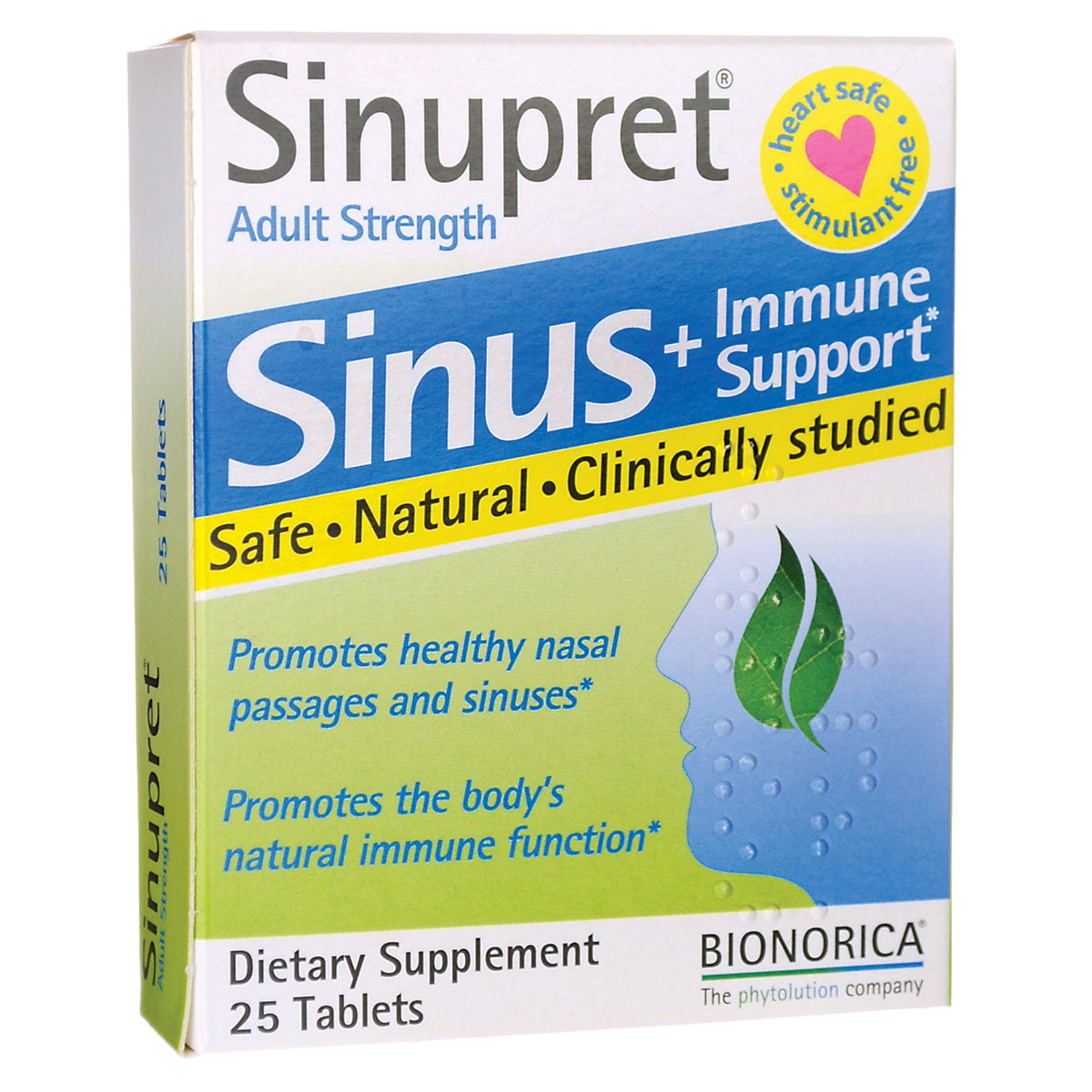 BIN002 | Sinupret Sinus + Immune Support adult strength dietary supplement box, 25 tablets, front packaging
