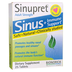 BIN002 | Sinupret Sinus + Immune Support adult strength dietary supplement box, 25 tablets, front packaging