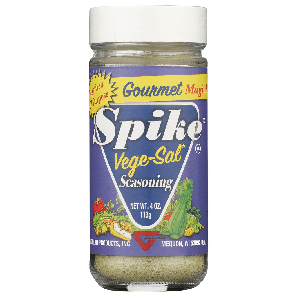 MPR003 | Front view of Spike Vege-Sal seasoning glass jar with blue label reading Vege-Sal Seasoning, net wt 4 oz 113g - Thumbnail