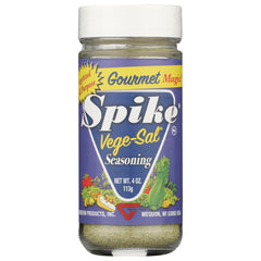 MPR003 | Front view of Spike Vege-Sal seasoning glass jar with blue label reading Vege-Sal Seasoning, net wt 4 oz 113g
