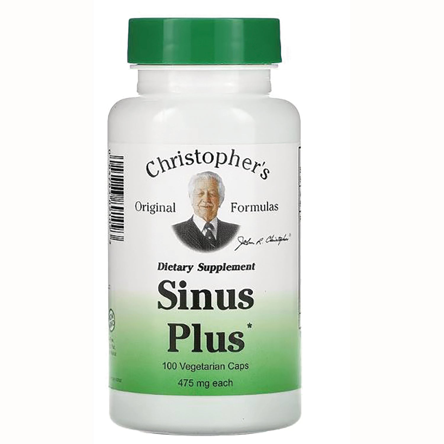 DCR052 | White bottle of Christopher's Sinus Plus dietary supplement, 100 vegetarian caps, 475 mg, green cap