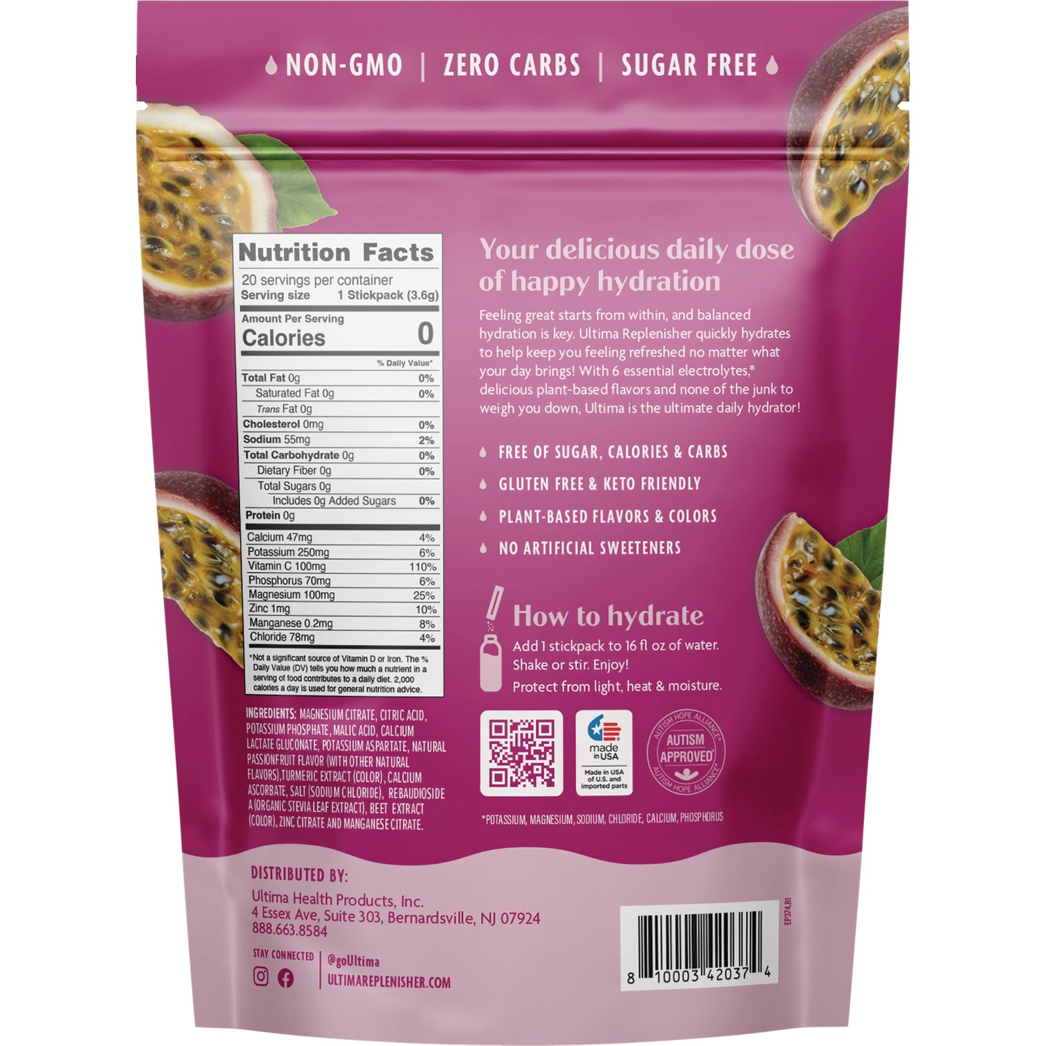 UHP027 | Back of drink mix pouch with Nutrition Facts, ingredients, and claims: Non-GMO, Zero Carbs, Sugar Free