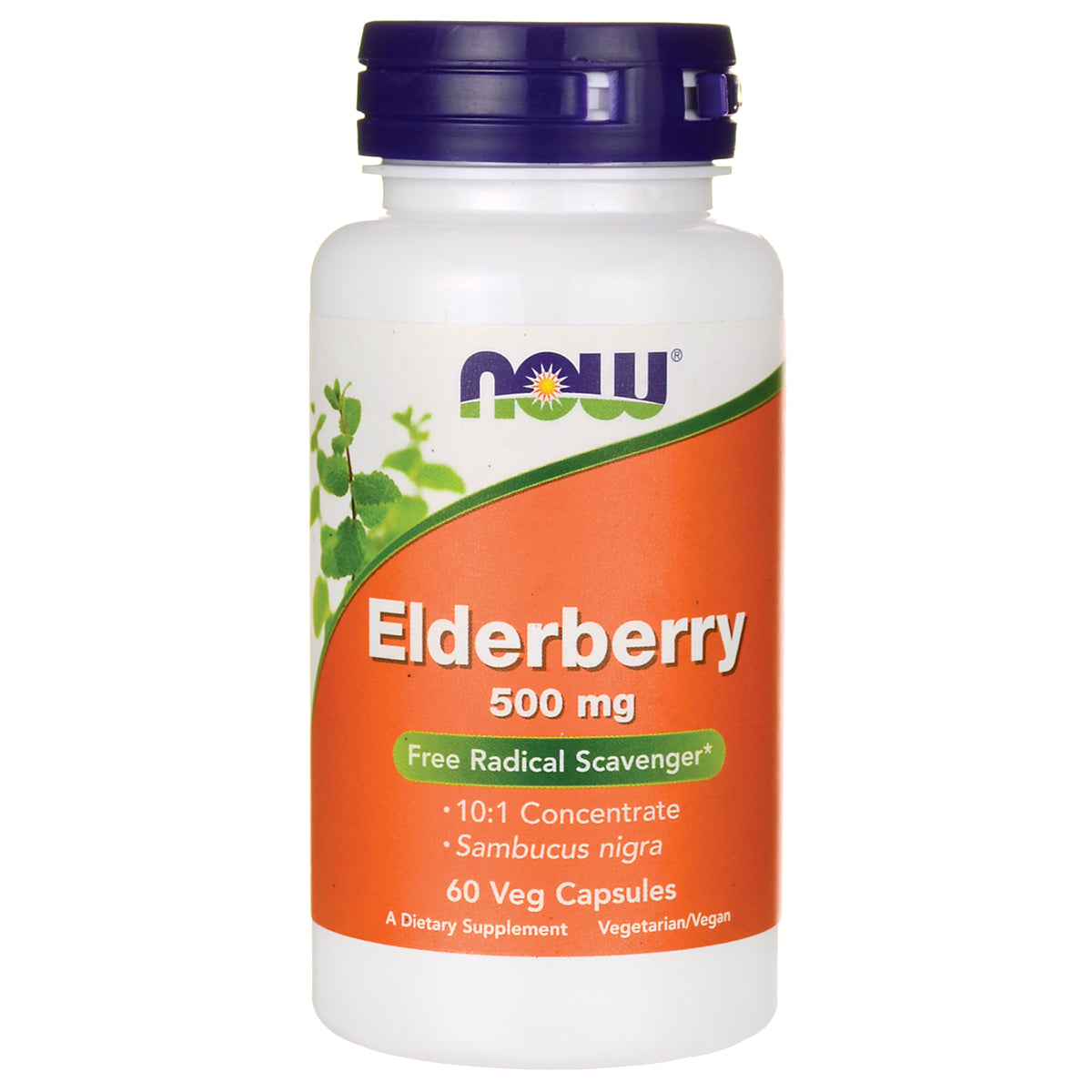 NWF191 | NOW Elderberry 500 mg supplement bottle showing label reading Elderberry 500 mg 60 Veg Capsules