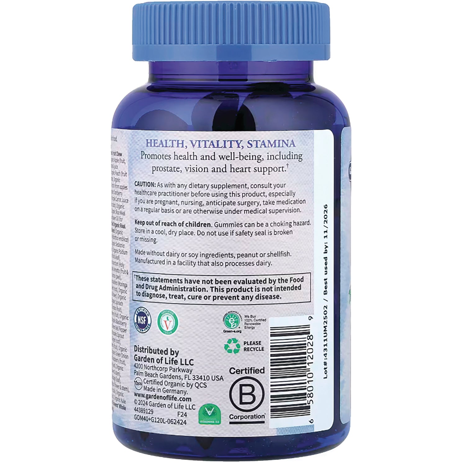 GLF235 | back label of blue supplement bottle showing health claims, caution text, barcode, and certification icons