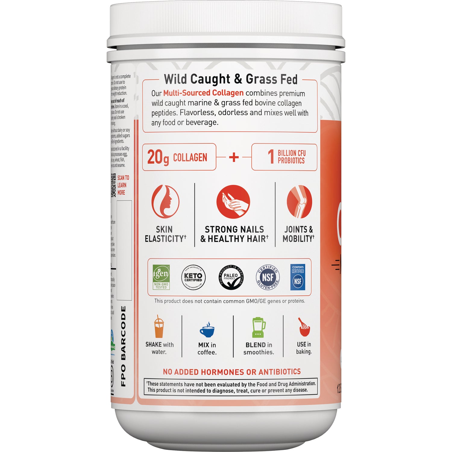 GLF351 | Back label of collagen powder showing 20g collagen, 1 billion CFU probiotics, benefits icons and usage instructions