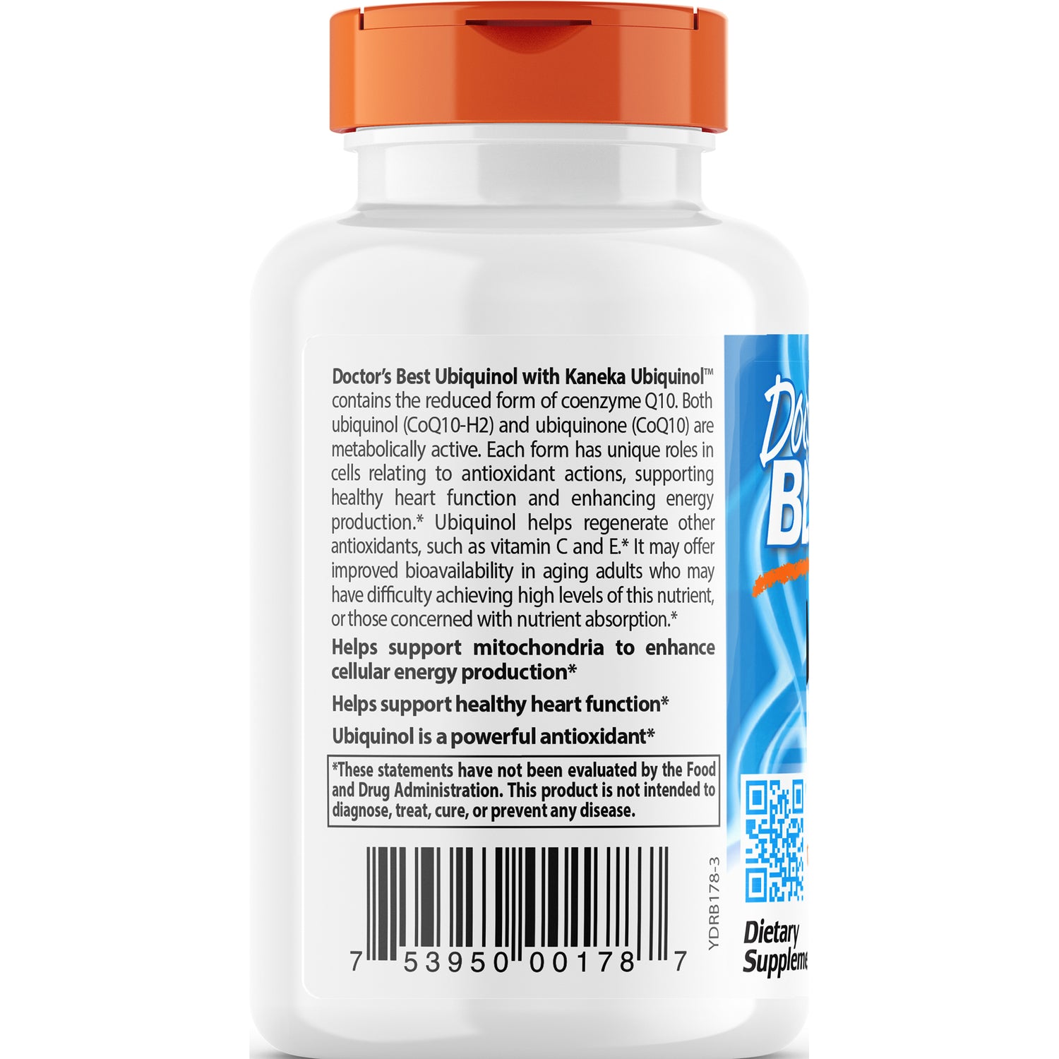 DB100 | back label of white supplement bottle showing product description, benefit claims and barcode