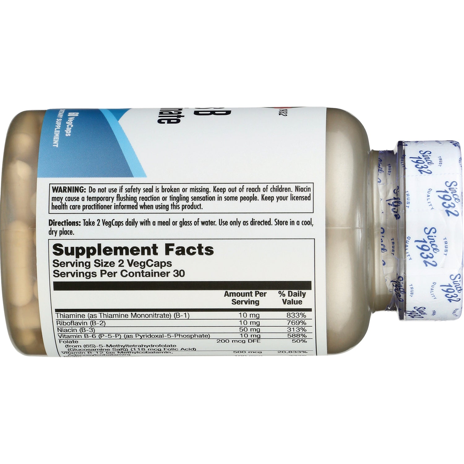 KL566 | back label showing Supplement Facts panel, serving size and warning on capsule bottle with tamper-evident seal