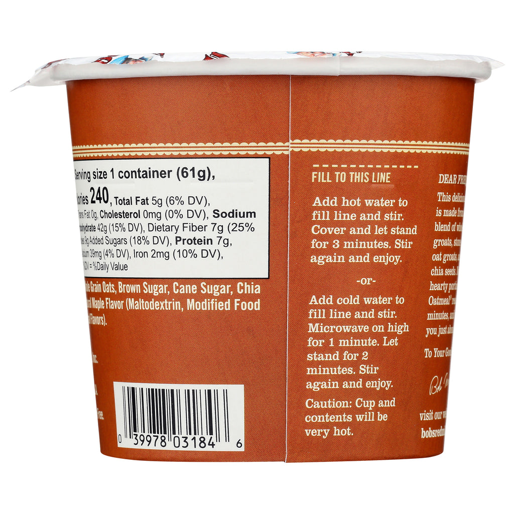 BOB227 | back of brown instant oatmeal cup showing nutrition facts, preparation instructions and barcode - Thumbnail