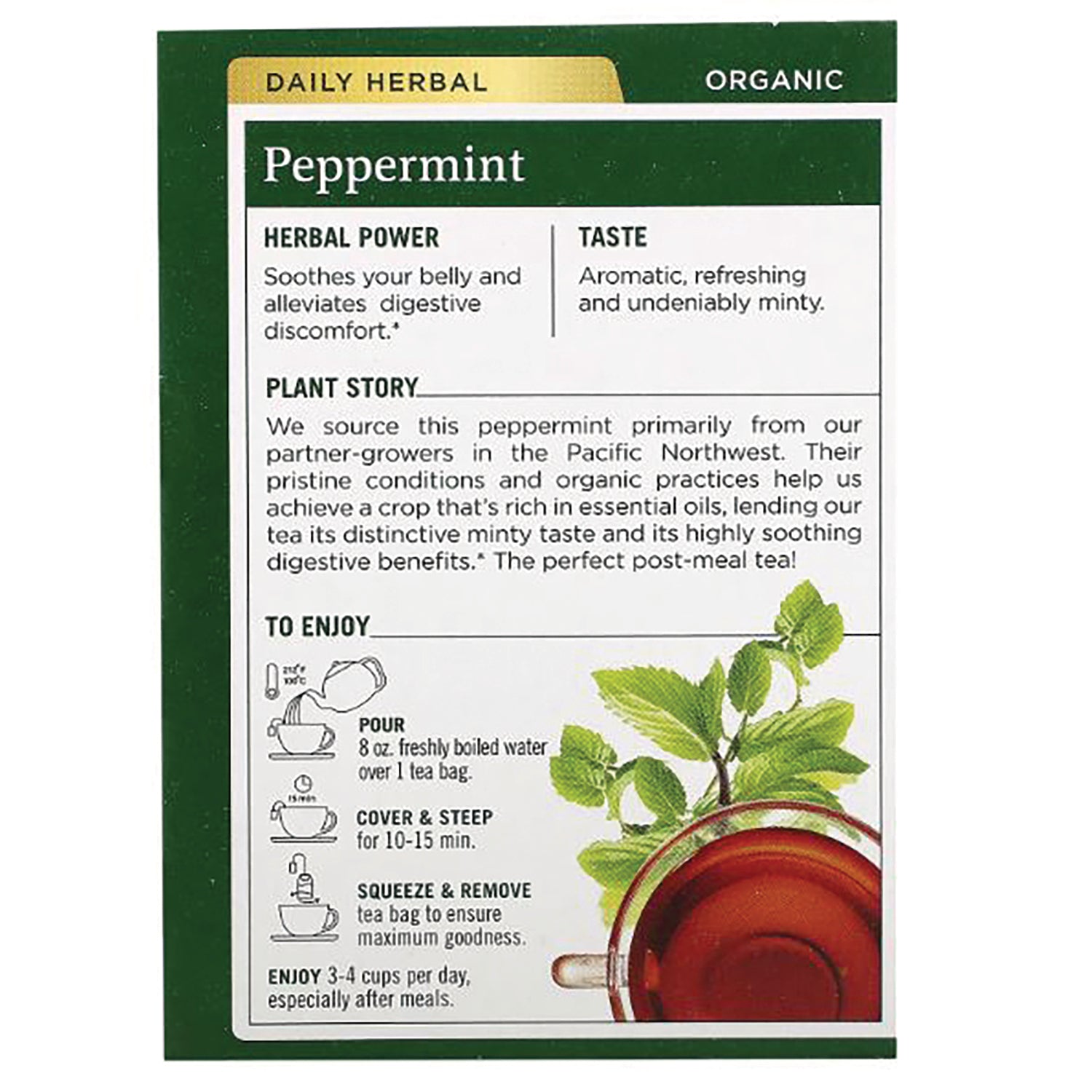TMD006 | Back panel: Organic Peppermint tea details with Herbal Power, Taste, Plant Story, and brewing steps