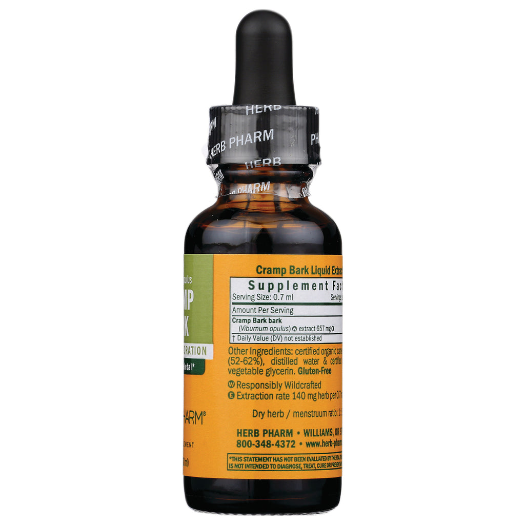 HPH103 | back of amber dropper bottle showing Supplement Facts and other ingredients for Cramp Bark liquid extract - Thumbnail