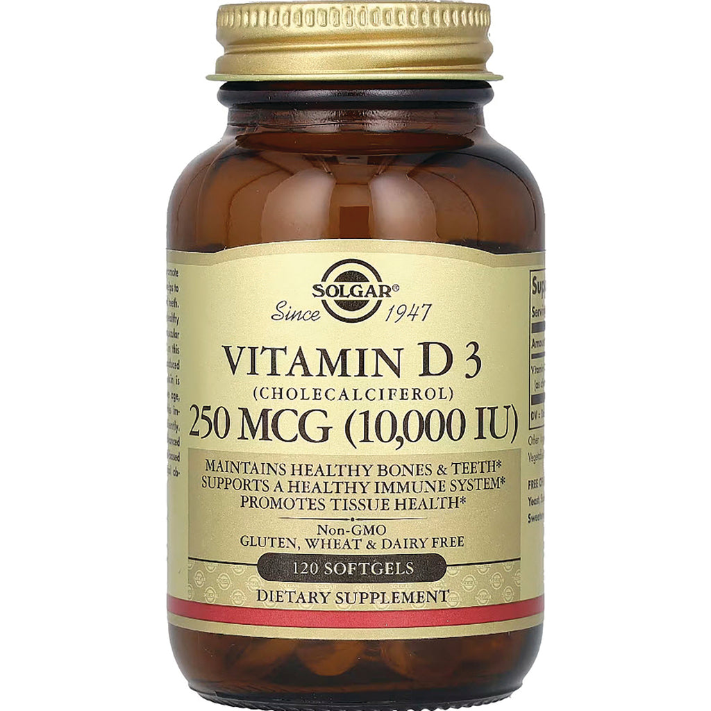 SLG310 | Amber bottle of Solgar Vitamin D3 250 MCG (10,000 IU) 120 softgels front label - Thumbnail