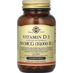 SLG310 | Amber bottle of Solgar Vitamin D3 250 MCG (10,000 IU) 120 softgels front label