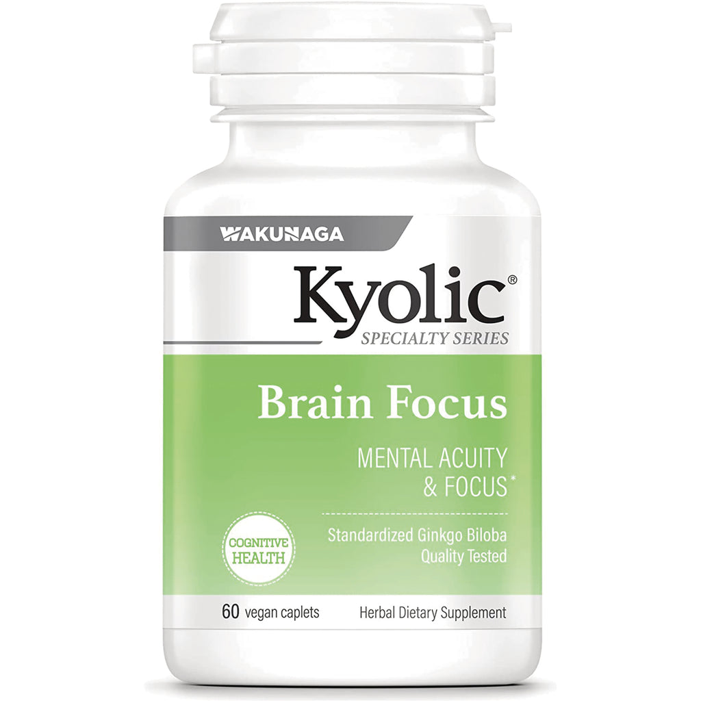 KY046 | Kyolic Brain Focus supplement bottle front, green label reading Brain Focus and Mental Acuity & Focus, 60 vegan caplets - Thumbnail
