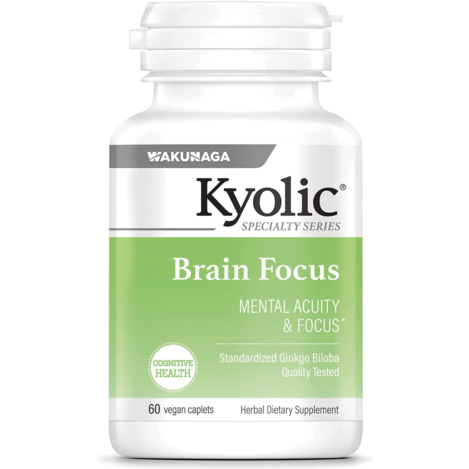 KY046 | Kyolic Brain Focus supplement bottle front, green label reading Brain Focus and Mental Acuity & Focus, 60 vegan caplets