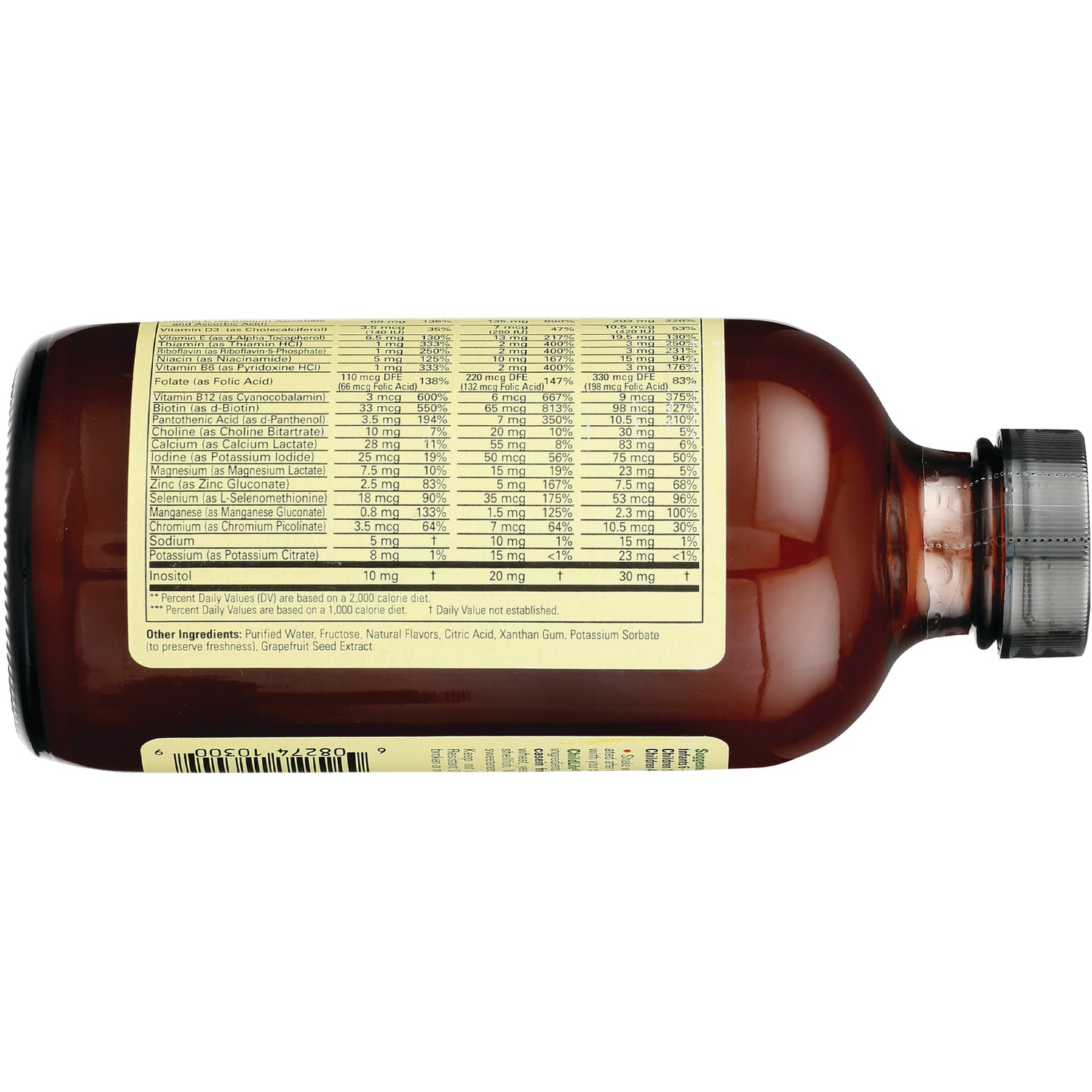 CHL002 | bottle lying on its side showing supplement facts panel, ingredients and barcode on back label