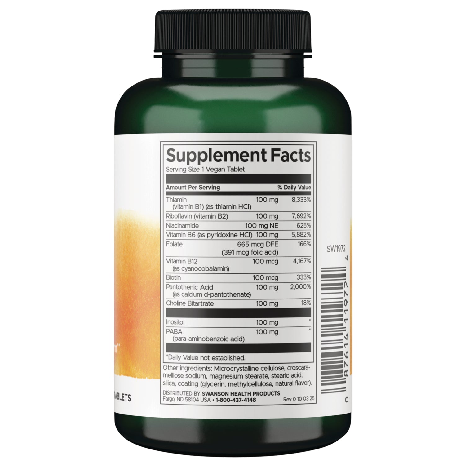 SW1972 | Back of bottle showing Supplement Facts panel, ingredients, and barcode