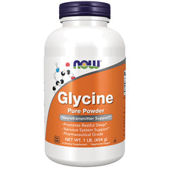 NWF195 | NOW Glycine Pure Powder supplement bottle, 1 lb (454 g) with orange label