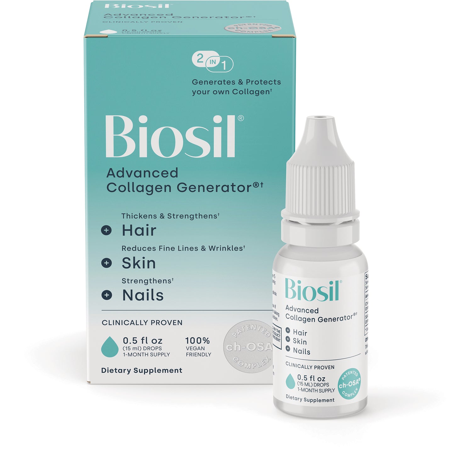 NFC179 | Biosil Collagen Generator 15ml drops bottle and teal box labeled ch-OSA, vegan friendly supplement