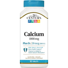 CNT021 | 21st Century Calcium 1000 mg plus D3 20 mcg bottle, 90 tablets front label