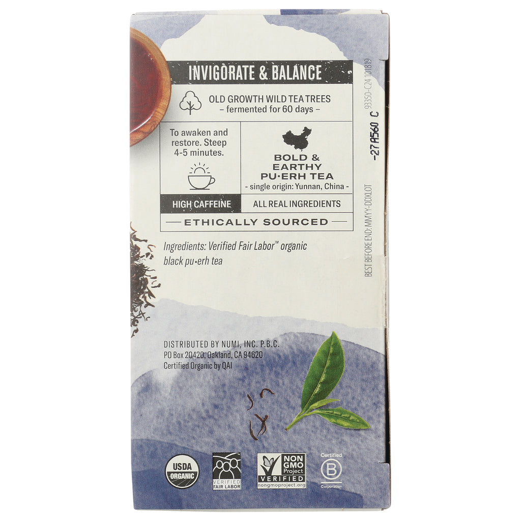 NUM007 | back of tea box labeled BOLD & EARTHY PU-ERH TEA with ingredients, brewing instructions and certification logos - Thumbnail