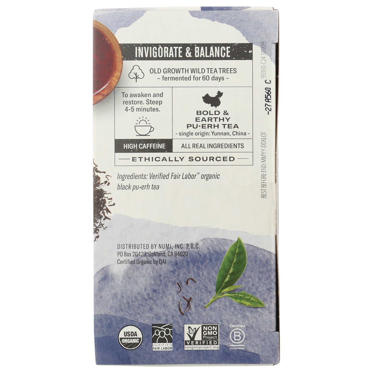 NUM007 | back of tea box labeled BOLD & EARTHY PU-ERH TEA with ingredients, brewing instructions and certification logos