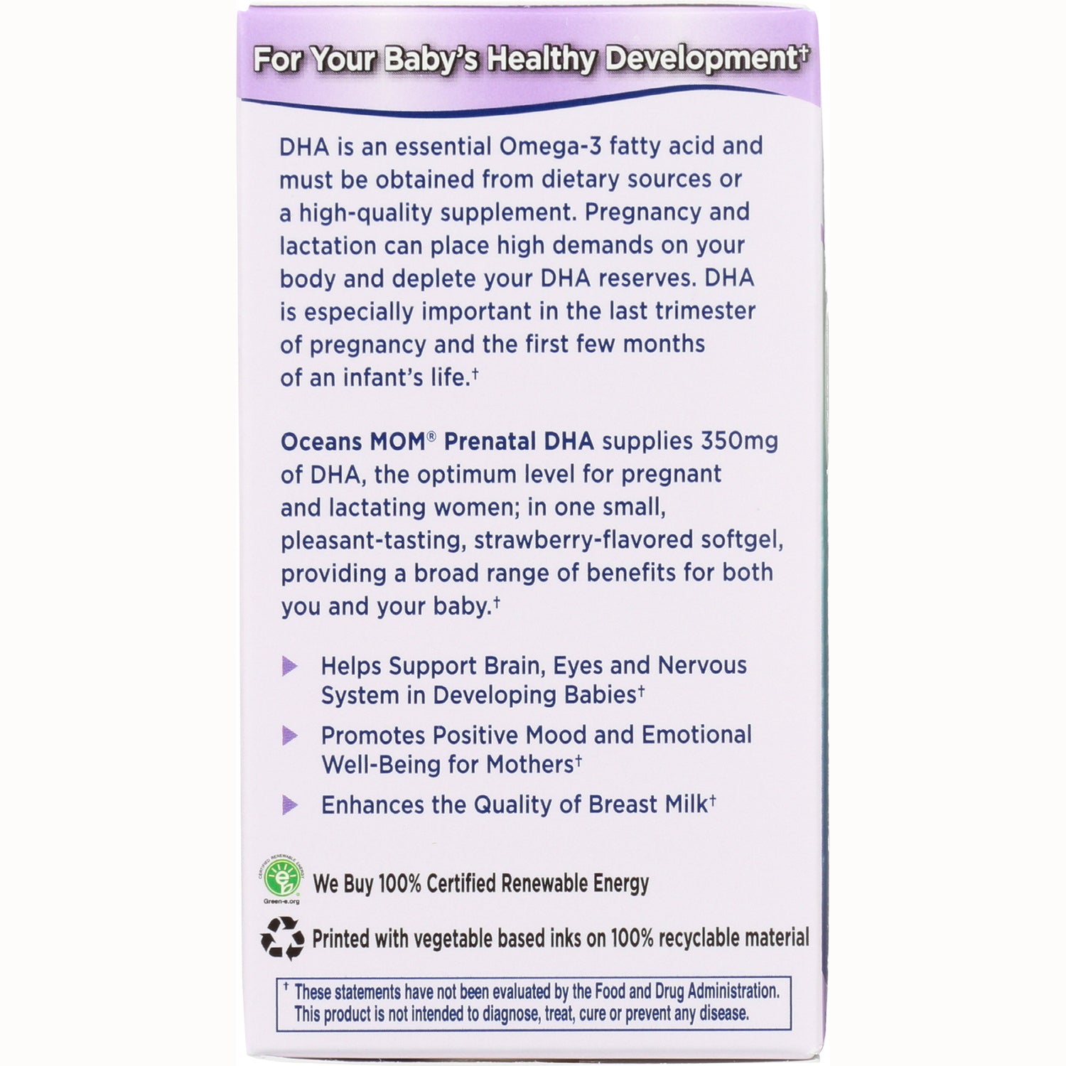 GLF057 | product infographic panel describing Oceans MOM prenatal DHA benefits, 350 mg DHA supporting brain, eyes and nervous system