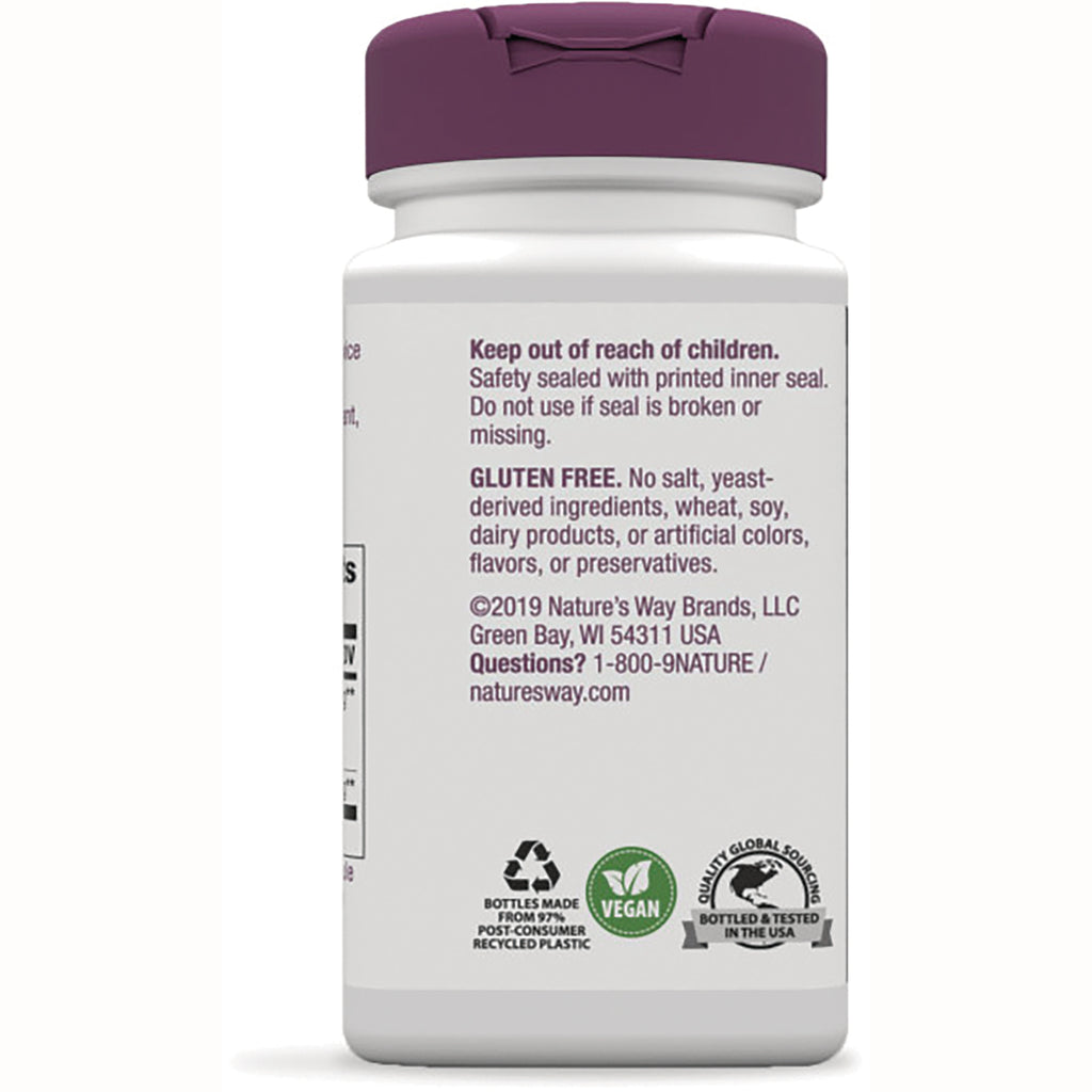 NW751 | back label of supplement bottle showing Keep out of reach of children and GLUTEN FREE text with recycling, vegan, bottled in USA icons - Thumbnail
