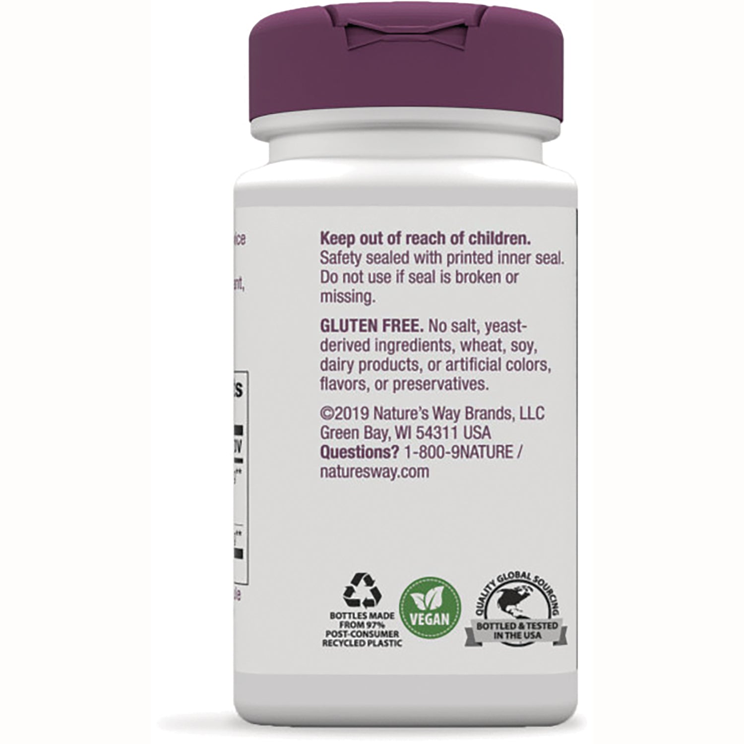 NW751 | back label of supplement bottle showing Keep out of reach of children and GLUTEN FREE text with recycling, vegan, bottled in USA icons