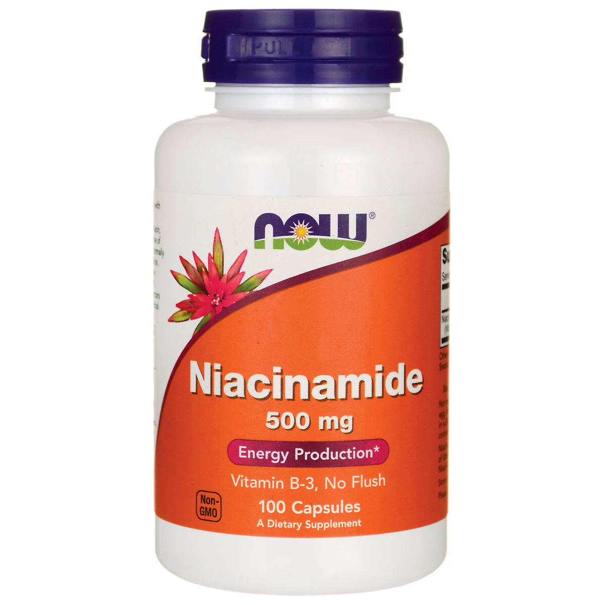 NWF840 | NOW Niacinamide 500 mg white bottle with orange label, 100 capsules