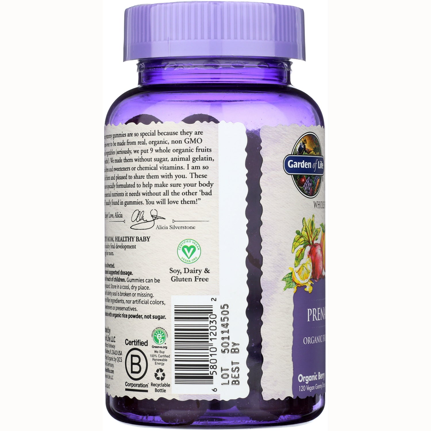 GLF237 | back label and product infographic on purple supplement bottle showing barcode and vegan, soy dairy gluten free badges