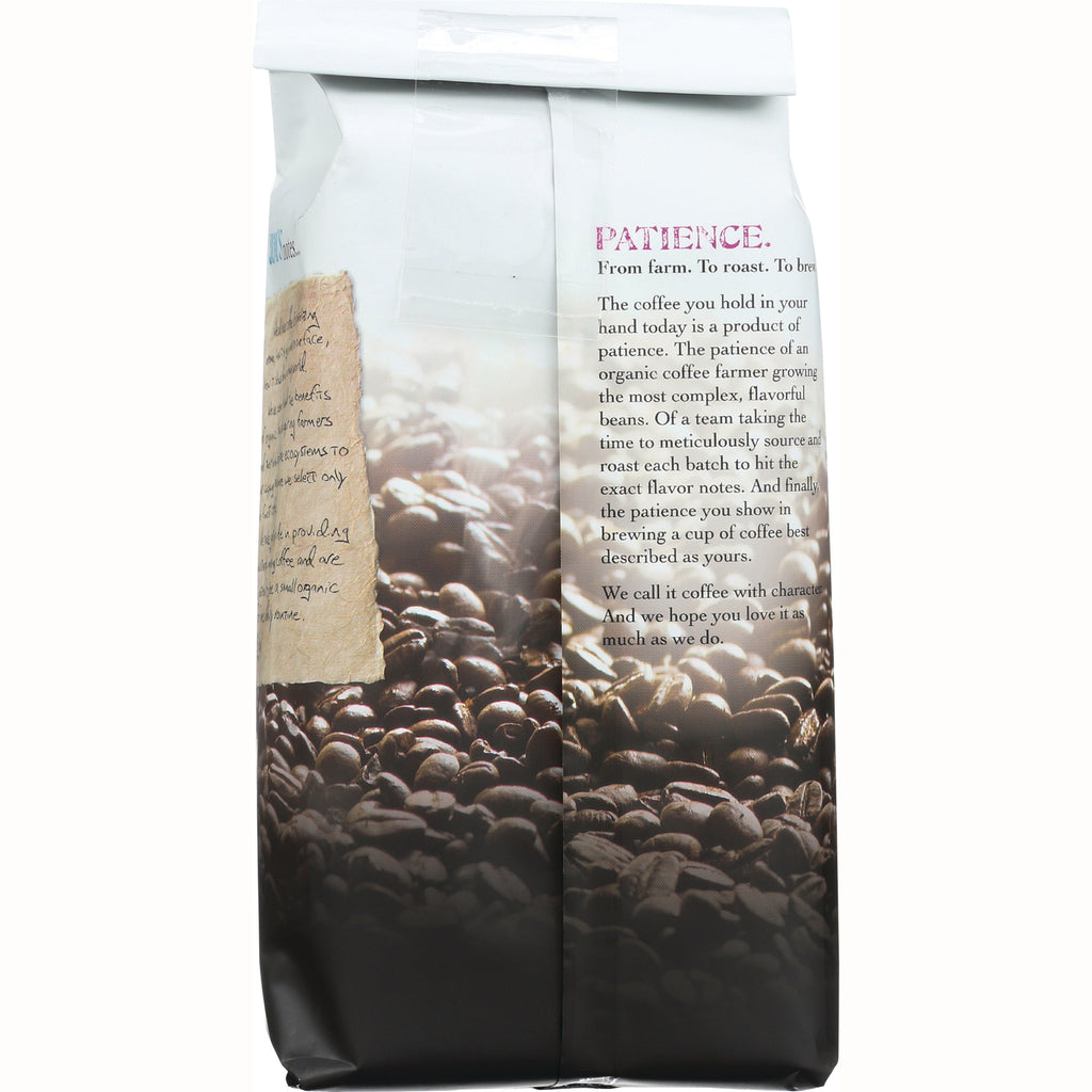 JOC010 | Back of coffee bag showing roasted beans and a PATIENCE panel with brewing story and product text - Thumbnail