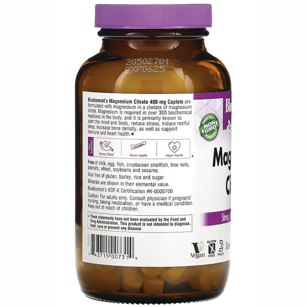 BLU098 | Back label of brown bottle showing Magnesium Citrate ingredients panel, icons and barcode - Thumbnail