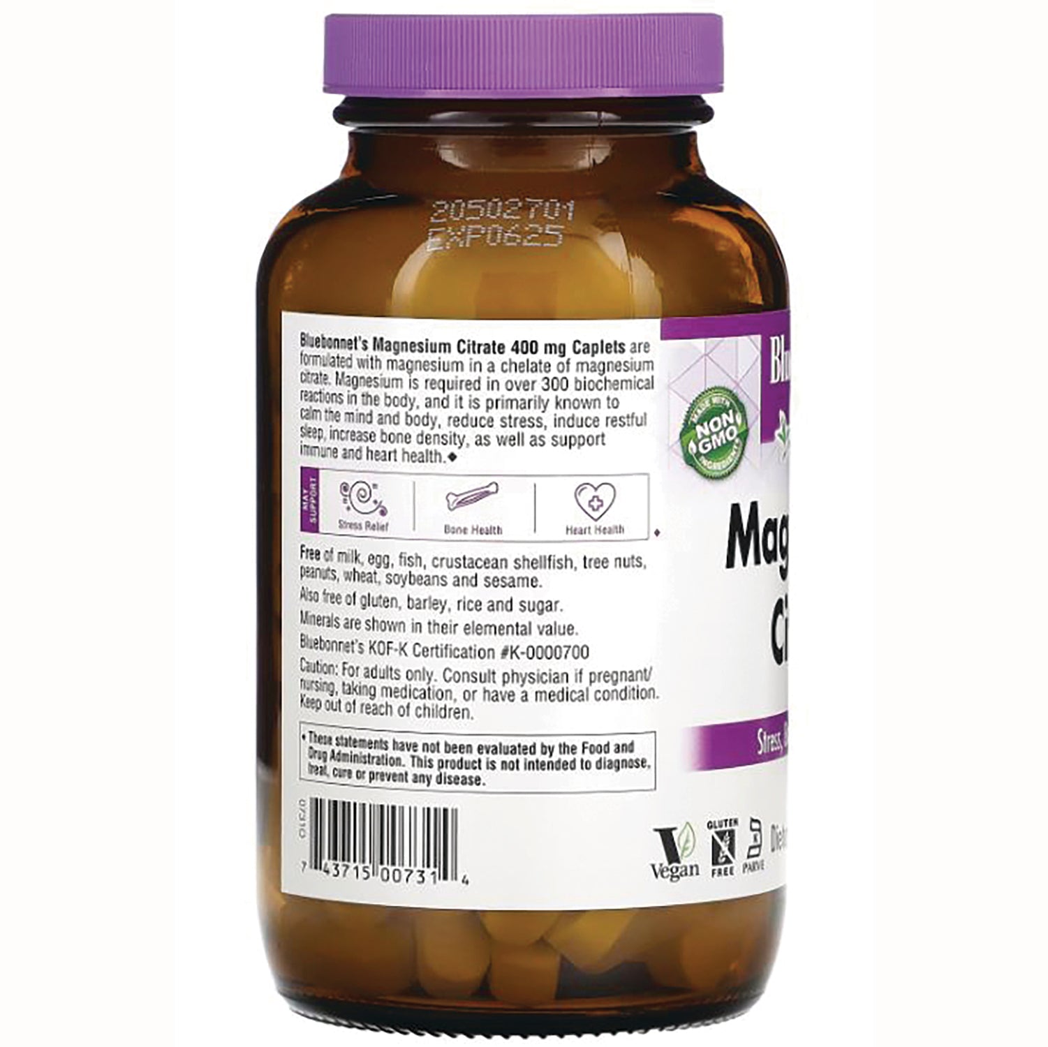 BLU098 | Back label of brown bottle showing Magnesium Citrate ingredients panel, icons and barcode