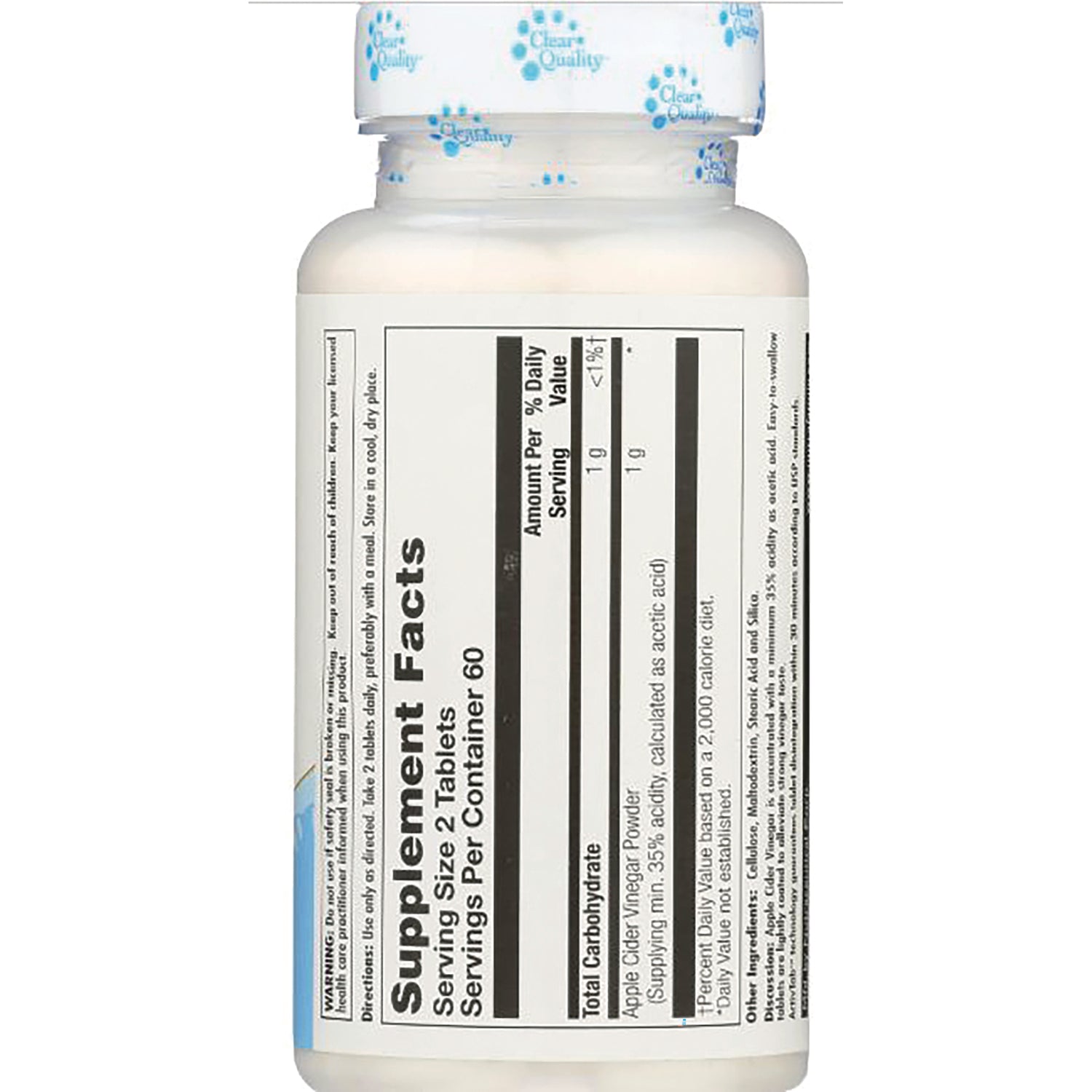KL514 | back label showing Supplement Facts nutrition panel and serving size for apple cider vinegar tablets