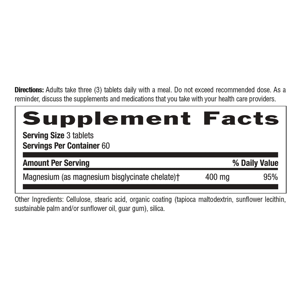 CRL649 | Back label showing Supplement Facts: Serving Size 3 tablets, Servings Per Container 60, Magnesium 400 mg, other ingredients - Thumbnail