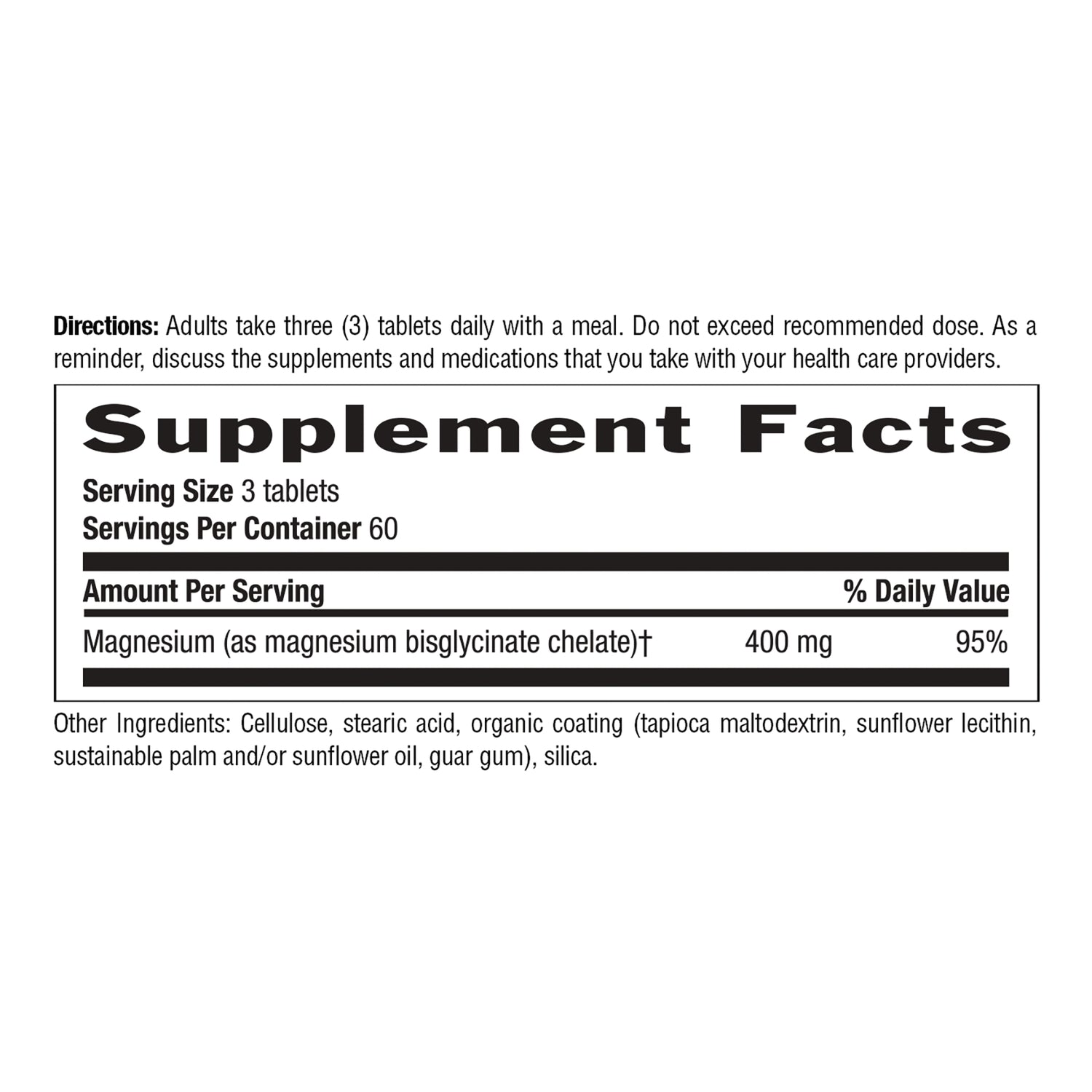 CRL649 | Back label showing Supplement Facts: Serving Size 3 tablets, Servings Per Container 60, Magnesium 400 mg, other ingredients