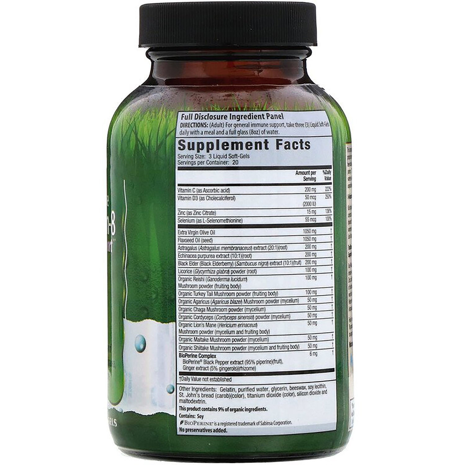 IR157 | back label showing Supplement Facts and ingredients panel on green supplement bottle