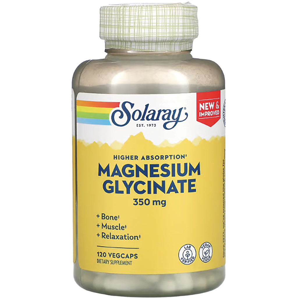 SLR484 | Solaray Magnesium Glycinate 350 mg bottle with yellow label, 120 vegcaps and Solaray logo - Thumbnail