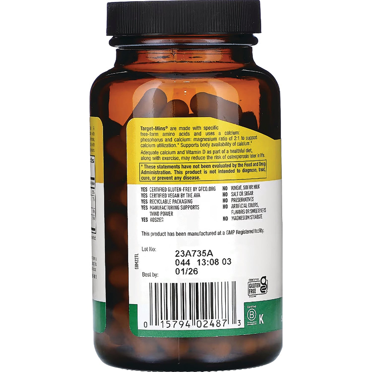 CRL260 | back of amber supplement bottle showing manufacturing label, lot 23A735A, best by 01/26 and barcode