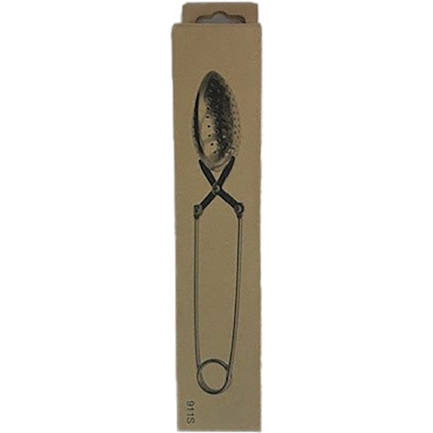 FNP047 | front of narrow beige box showing illustration of long-handled perforated tea infuser tongs