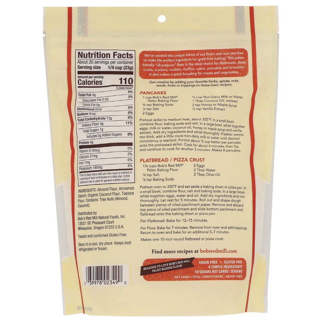 BOB321 | Back of pale yellow resealable package showing Nutrition Facts panel, ingredients, recipes, and barcode - Thumbnail