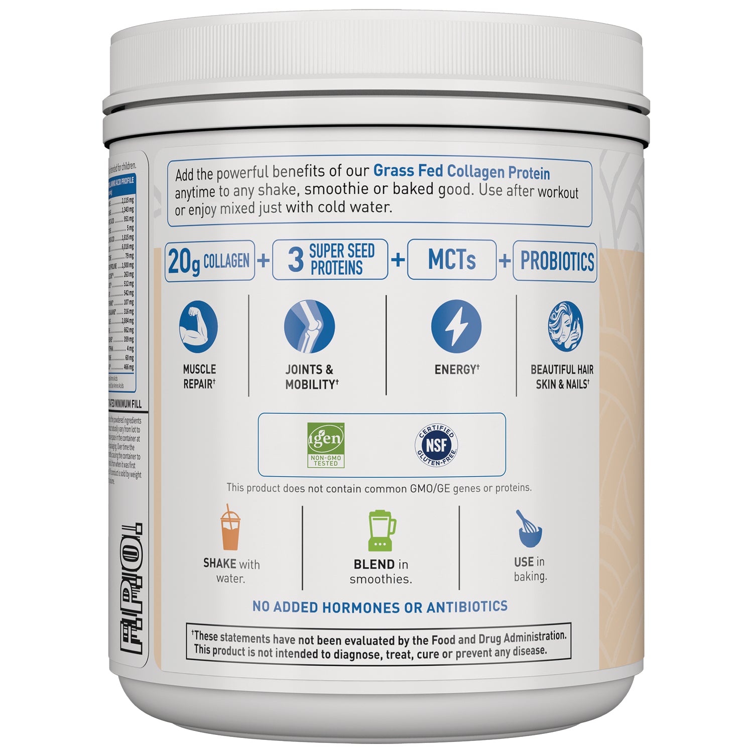 GLF310 | Back label of collagen powder tub showing 20g collagen, 3 seed proteins, MCTs, probiotics, benefit icons and usage instructions