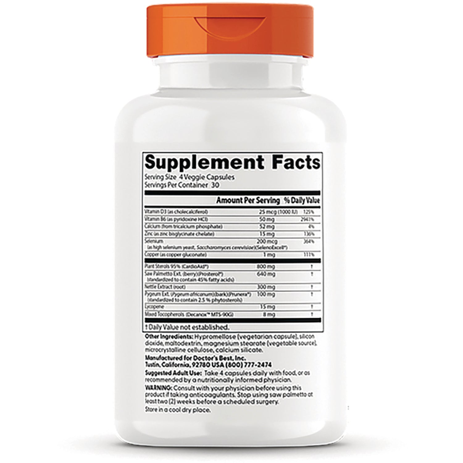 DB168 | back label showing Supplement Facts panel and ingredient list on white bottle with orange cap