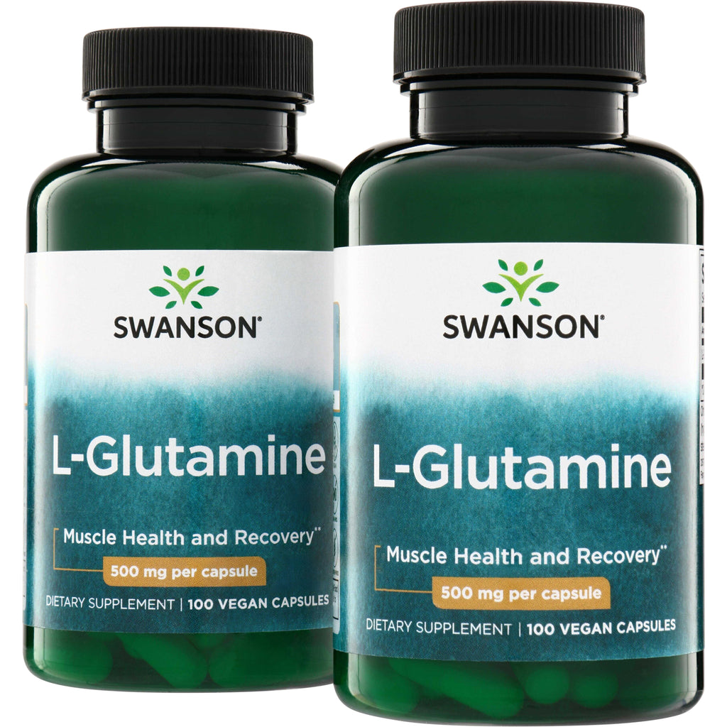 SW934 | Two Swanson L-Glutamine supplement bottles with green lids, label shows L-Glutamine 500 mg per capsule, 100 vegan capsules - Thumbnail