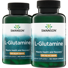 SW934 | Two Swanson L-Glutamine supplement bottles with green lids, label shows L-Glutamine 500 mg per capsule, 100 vegan capsules