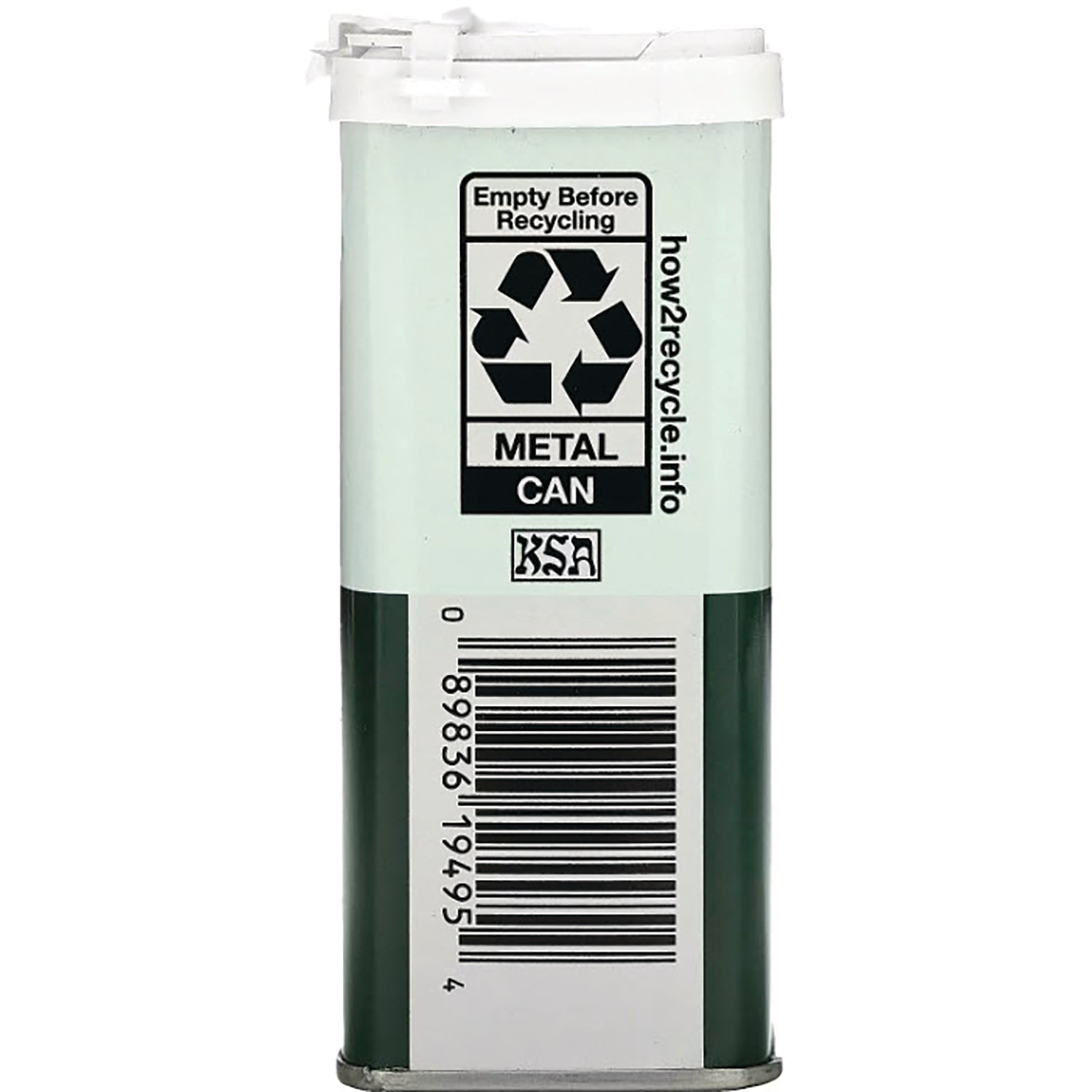 SMP031 | Back of rectangular metal can showing recycling symbol labeled METAL CAN and vertical barcode