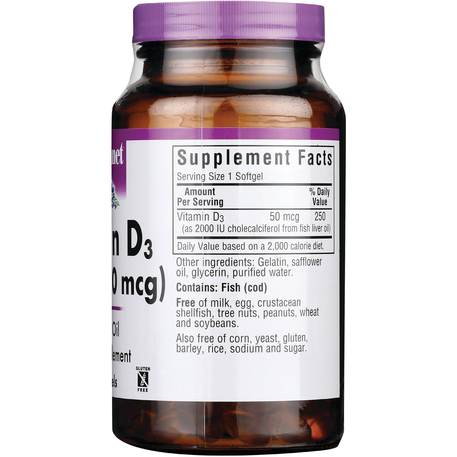 BLU126 | back of amber supplement bottle showing Supplement Facts panel with Vitamin D3 50 mcg and Contains: Fish (cod)
