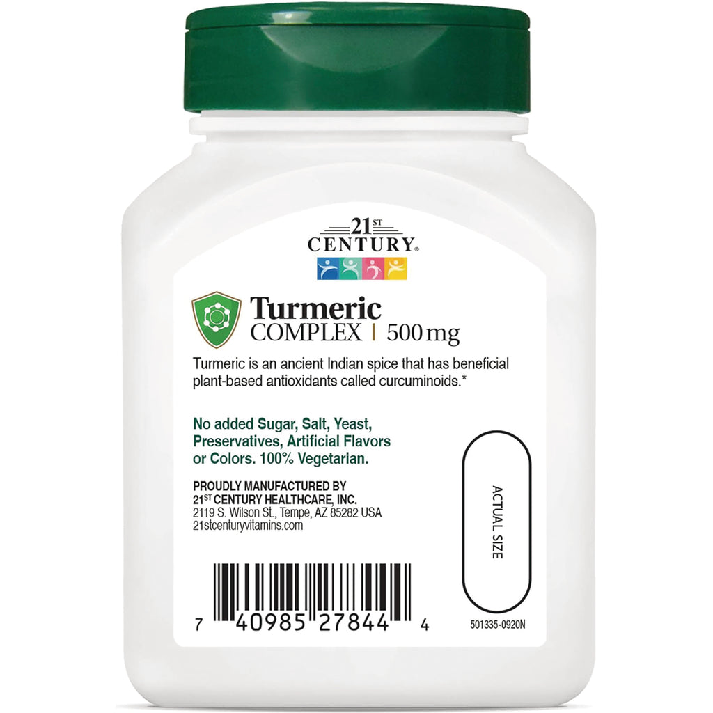 CNT268 | white bottle label for Turmeric Complex 500 mg with ingredient claims, barcode and actual size pill outline - Thumbnail