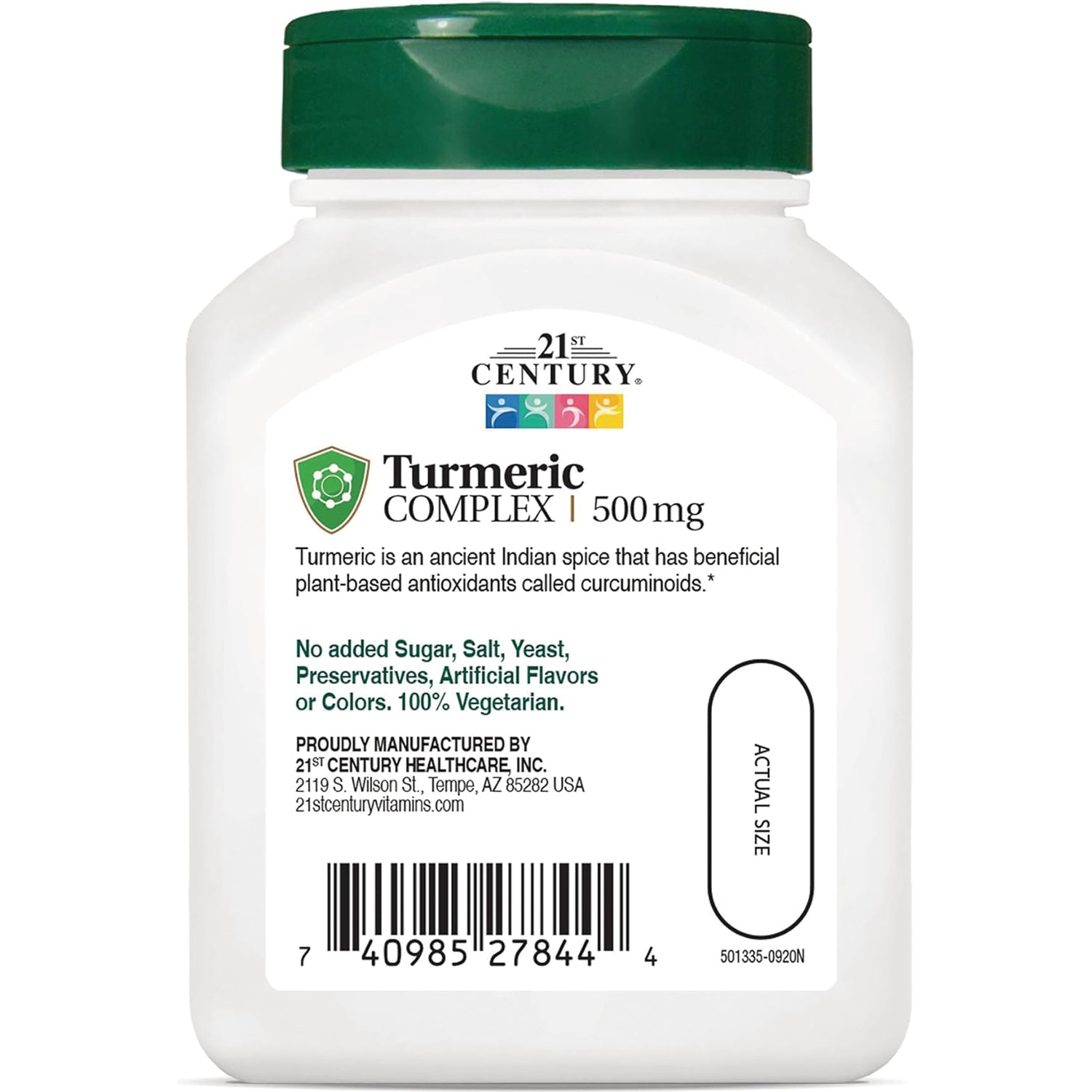 CNT268 | white bottle label for Turmeric Complex 500 mg with ingredient claims, barcode and actual size pill outline
